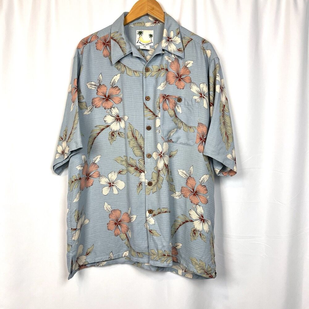 Banana Cabana 100% Silk Hawaiian Shirt Large Blue Floral Tropical Resort